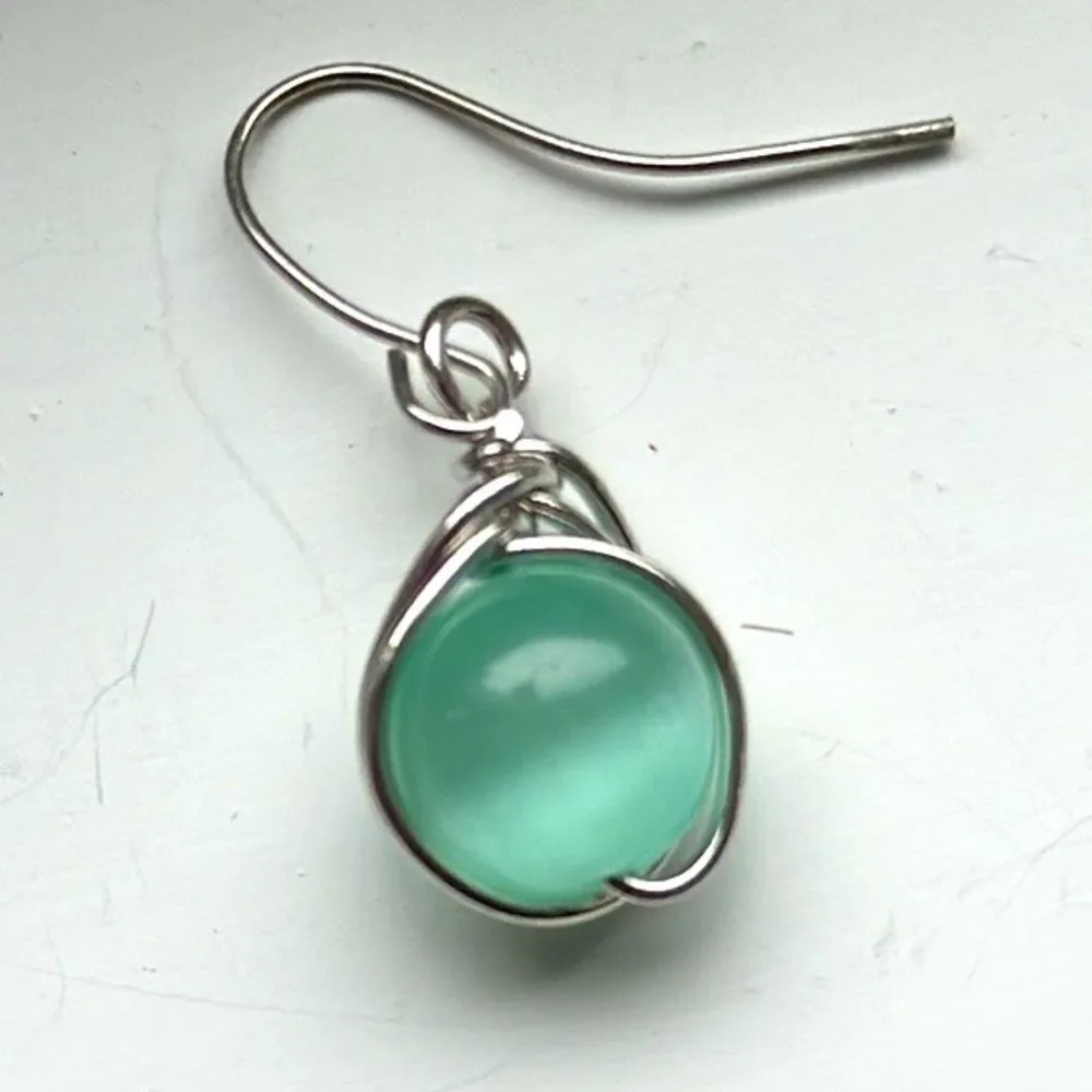 Seafoam Glass Orb Drop Earrings, Minimalist Wire Wrap with Keepsake Pouch